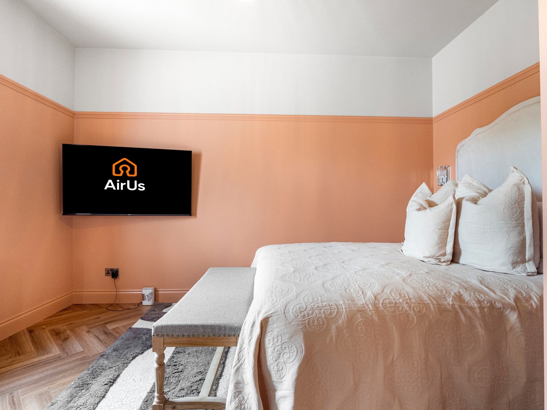 Luxury bedroom photography, Glasgow, peach feature wall