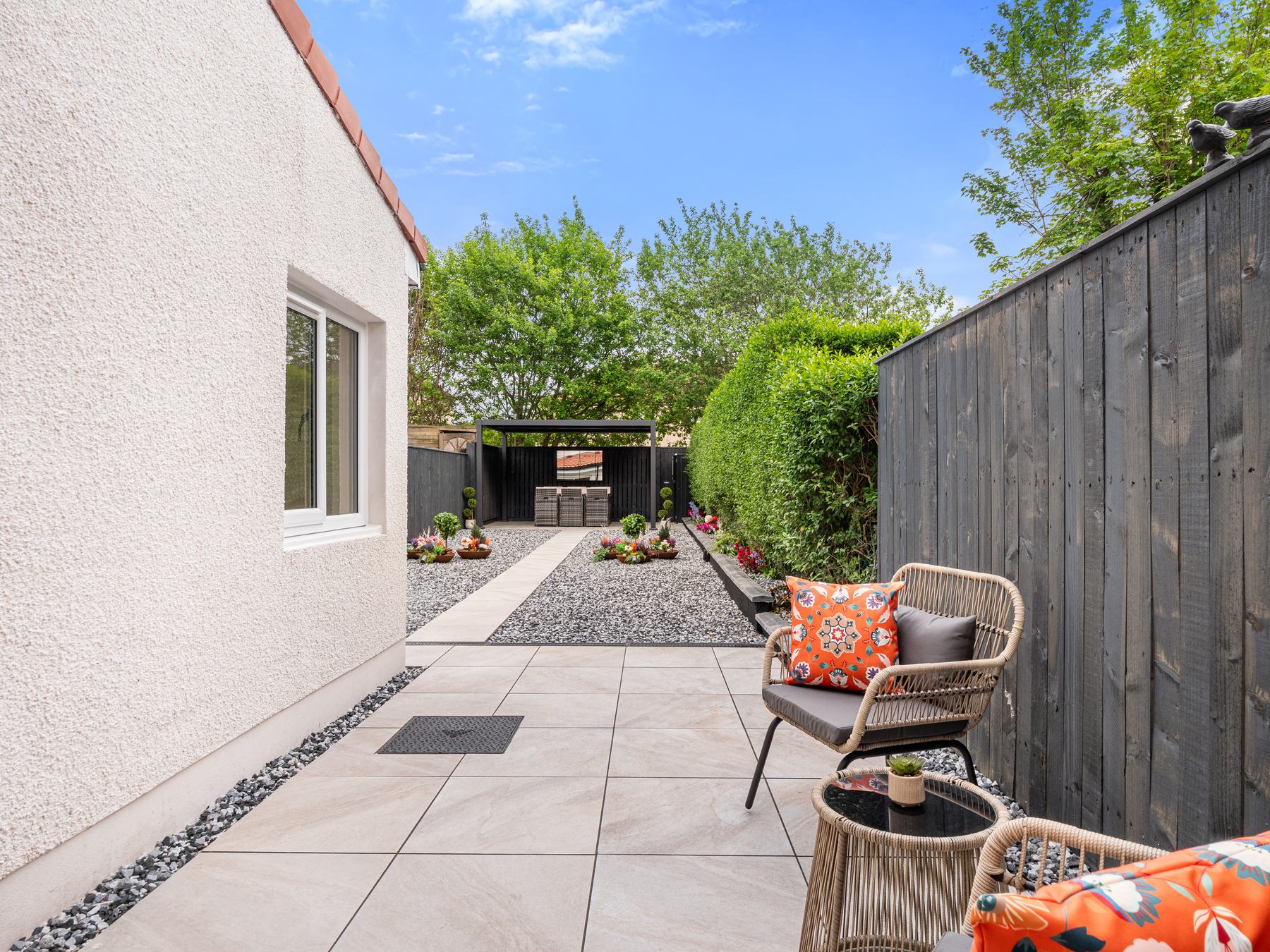 Landscaped garden patio photography, Glasgow property with rattan seating