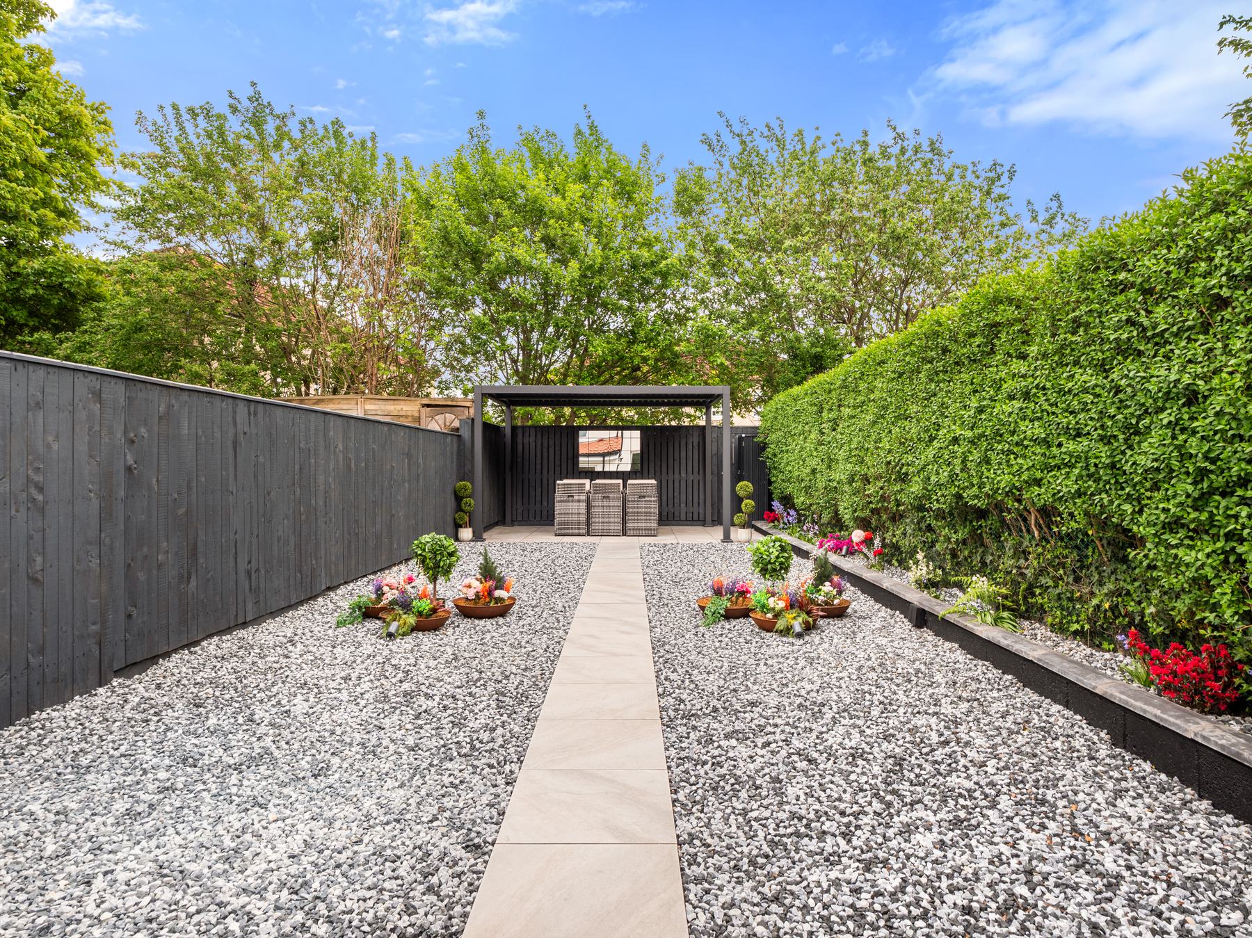Real estate photography Glasgow, gravel garden path leading to a pergola
