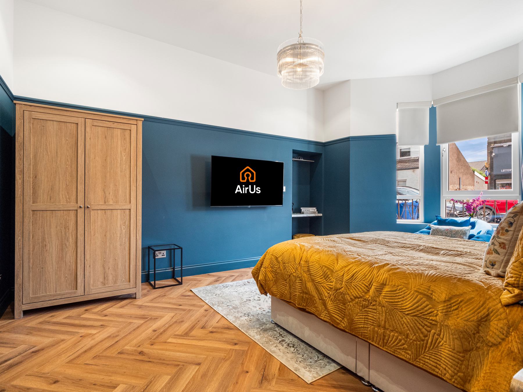 Luxury bedroom photography, Glasgow, teal feature wall and wardrobe
