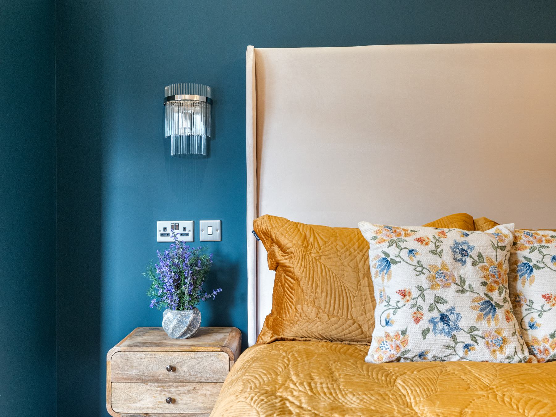 Interior photography Glasgow, bedside styling and floral cushions