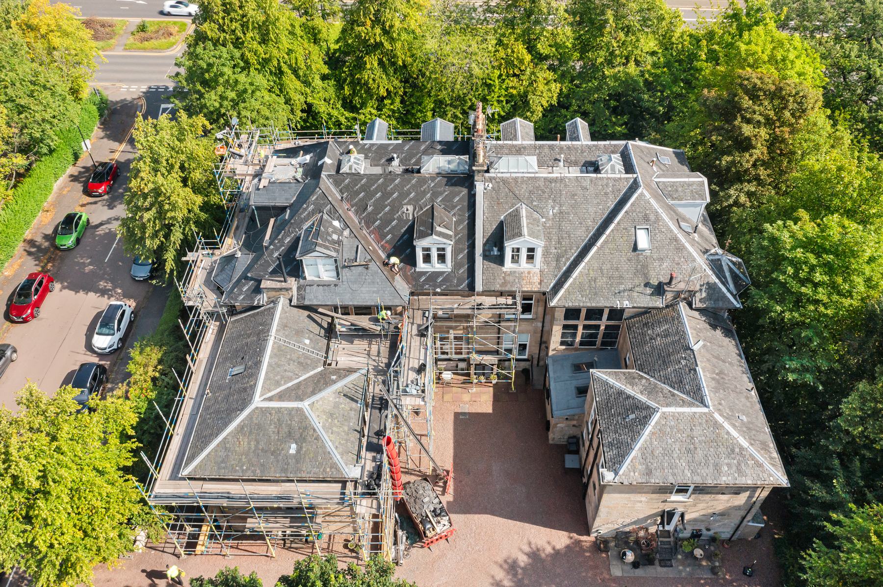 Aerial photography of a roof restoration project with scaffolding