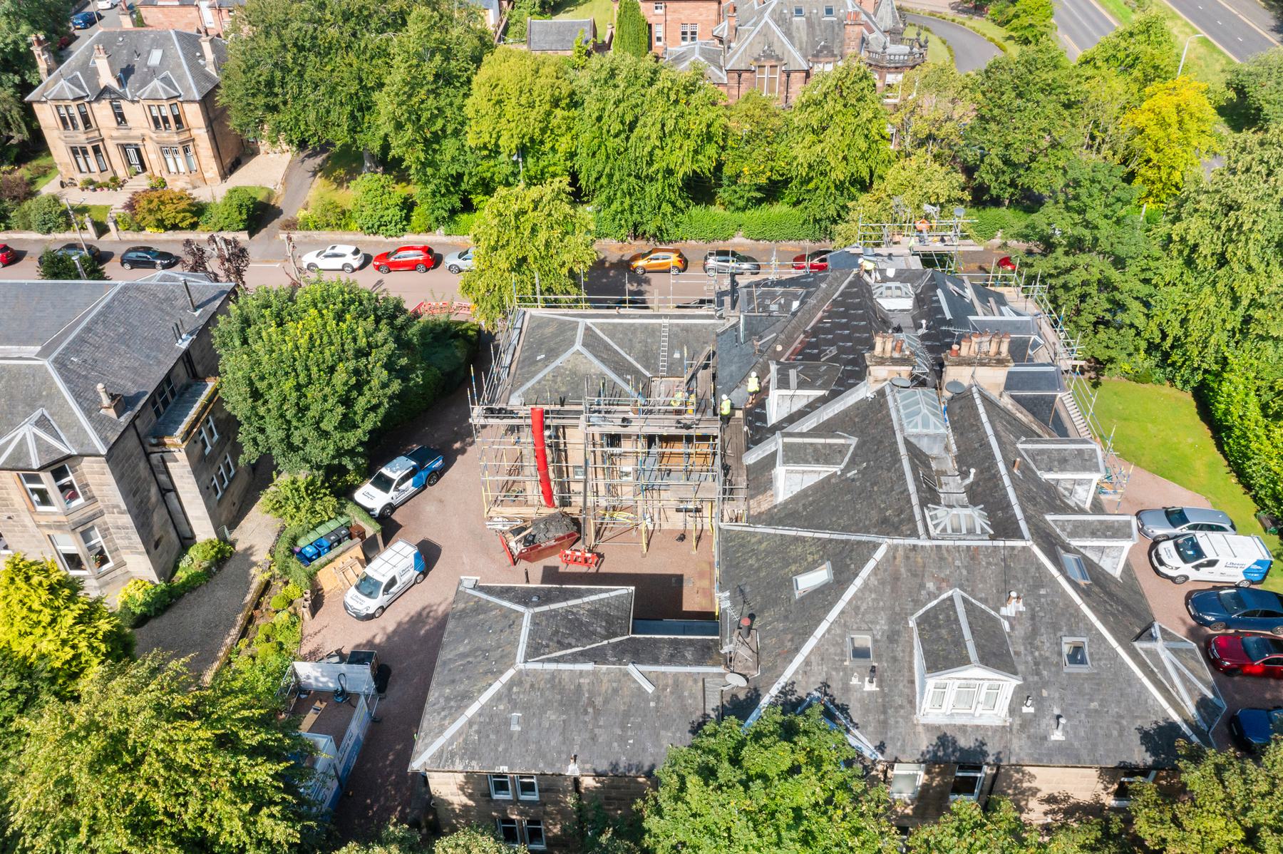 Aerial photography of scaffolding and a commercial courtyard