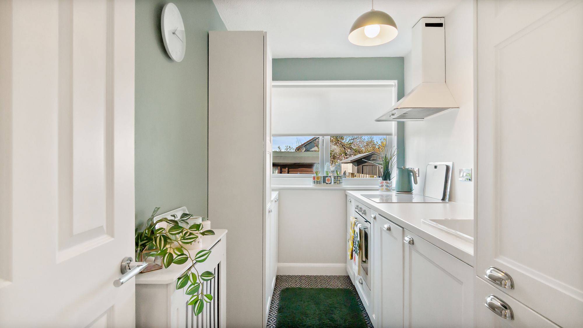 Galley kitchen with sage green walls and pendant light