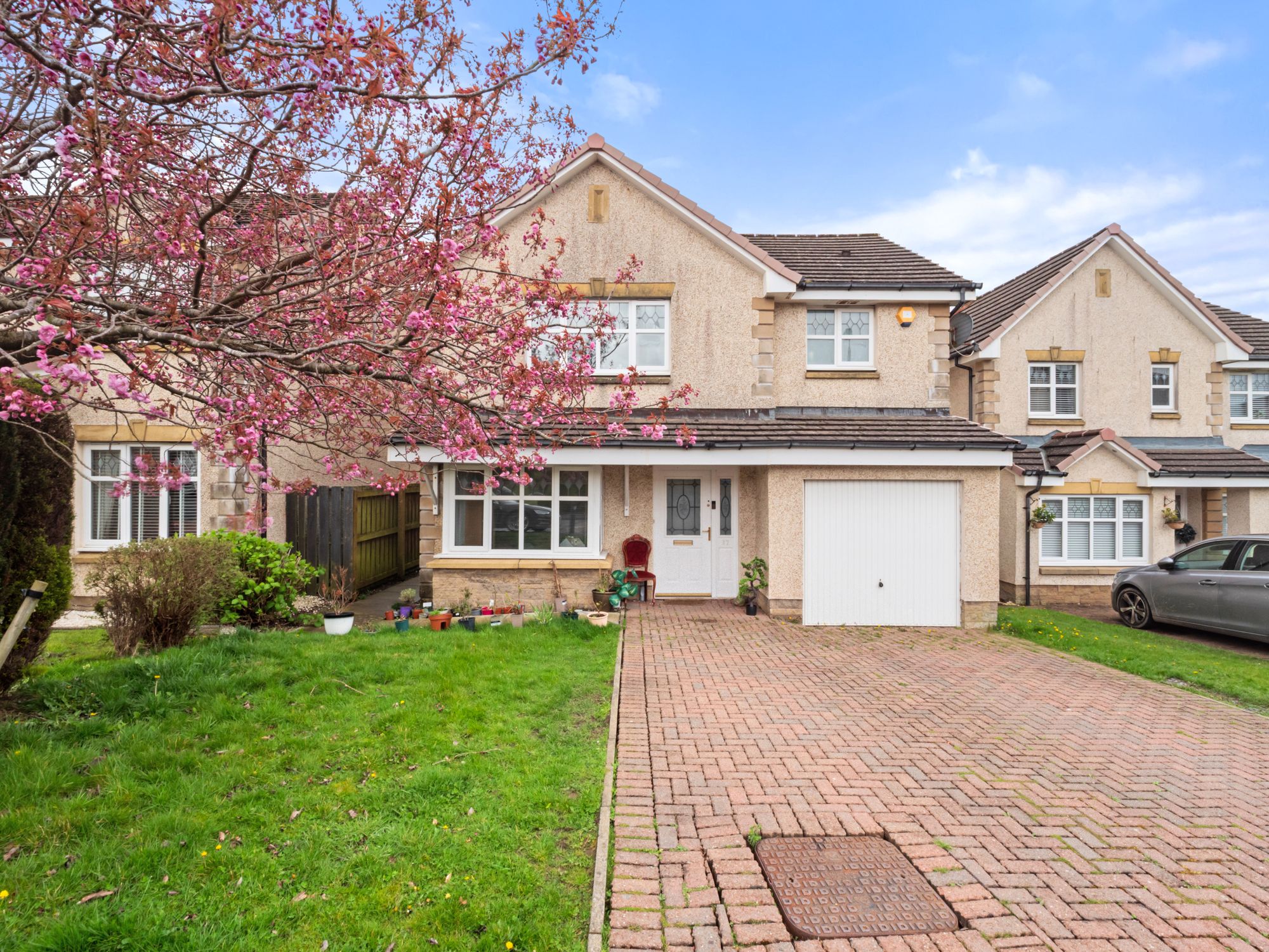 Suburban detached house exterior with blossom tree